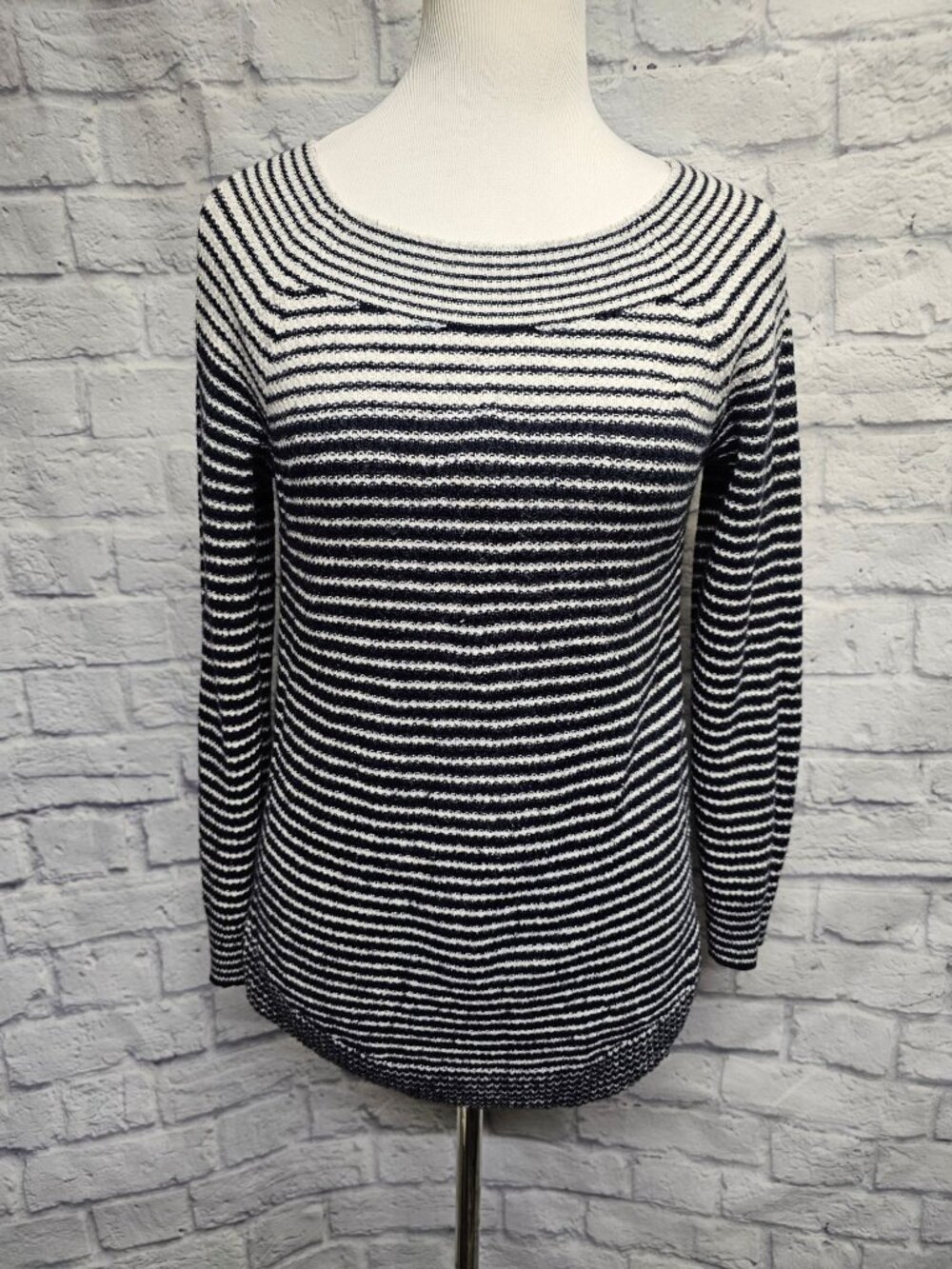 Loft S Navy Blue White Striped Round Neck Knit Sweater Nautical Vibe Top